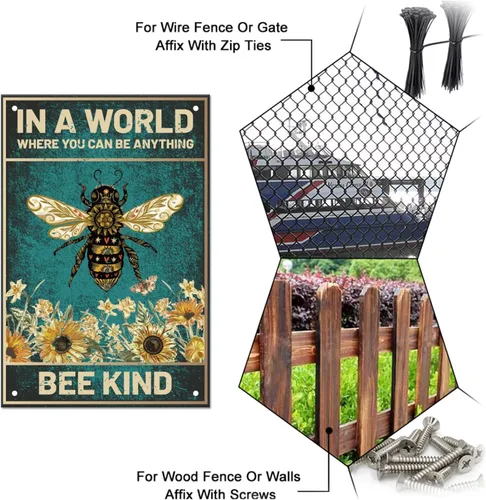 Miniatura 4 de SUPERDANT Letreros de lata de flor de abeja, divertidas citas inspiradoras con texto en inglés «Be Kind», póster de metal con girasoles vintage