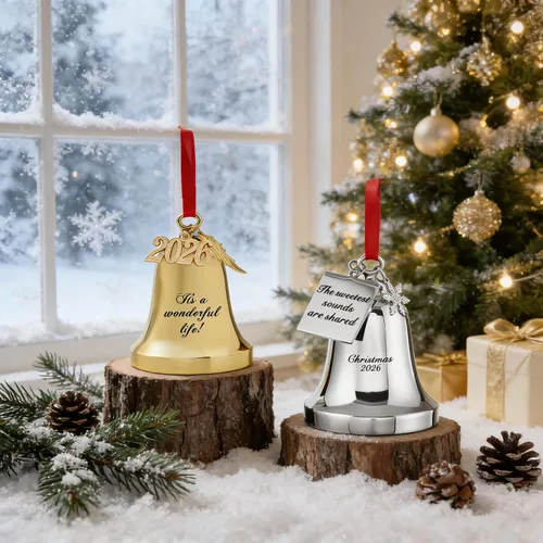 Miniatura 4 de JUPPE 2025 Campanas de Navidad Grabadas en Oro "Es una Maravillosa Vida" Adornos Colgantes para Árbol de Navidad Adornos de Boda y Aniversario