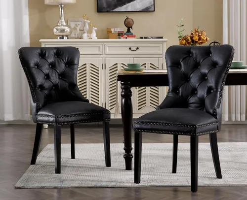 Miniatura 13 de EALSON Juego de 2 sillas de comedor modernas de cuero de mediados de siglo con patas de madera, sillas laterales de cocina tapizadas con ribete