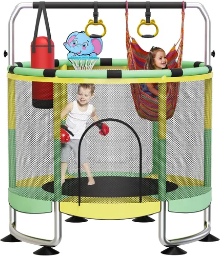 Miniatura 12 de Yozoia 60" Toddler Trampoline, Indoor Trampoline for Kids with Safety Enclosure, 440LBS Support, Adjustable Gymnastics Bar & Toys for Boys Girls