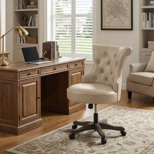 Miniatura 11 de HUIMO Silla de oficina en casa, silla de escritorio tapizada sin brazos con ruedas, altura ajustable, silla de escritorio para computadora con patas