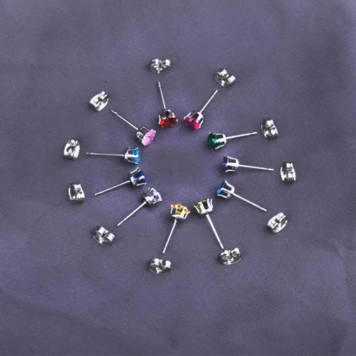 Miniatura 5 de Juego de 12 pares de aretes de tuerca de acero inoxidable con circonita cúbica para mujer, juego de aretes de tuerca con piedra natal multicolor