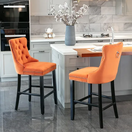 Miniatura 13 de Juego de 2 Sillas de Comedor, Modernos Taburetes de Bar Tapizados de Terciopelo con Decoración de Botones Capitoné y Patas de Madera, Ribete