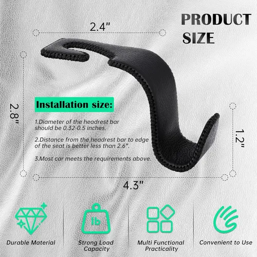 Miniatura 6 de Amooca - Gancho para reposacabezas de asiento de coche, organizador de almacenamiento universal para bolso de mano, abrigo, cuero con metal