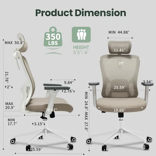Miniatura 2 de Silla de oficina ergonómica - Silla de oficina de malla de 159 kg con soporte lumbar ajustable, silla de computadora de respaldo alto con Caqui