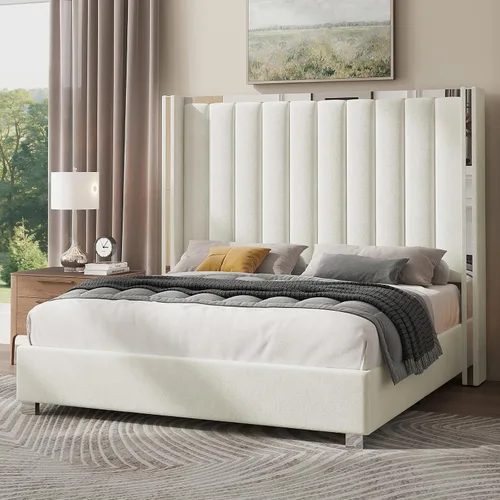 Jocisland Base de cama tamaño Queen con cabecero de 58 pulgadas de alto, cama tapizada de terciopelo con plataforma con cabecera con alas capitoné