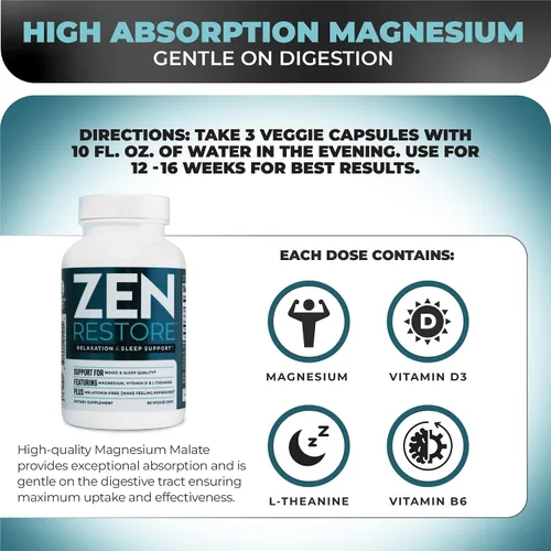 Miniatura 4 de Nutrology Zen Restore - 400 mg de malato de magnesio, vitamina D3 y L-teanina, apoya el sueño, la recuperación muscular y el bienestar suprarrenal