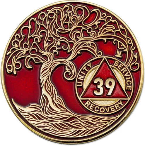 Miniatura 113 de 20 Year Sobriety Mint Twisted Tree of Life - Medallón de recuperación AA chapado en oro, fichas y fichas, color negro
