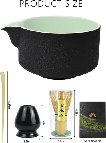 Miniatura 2 de Juego de herramientas de matcha Artcome Premium en negro, incluye tazón de matcha con asa, batidor, soporte, cuchara y manual