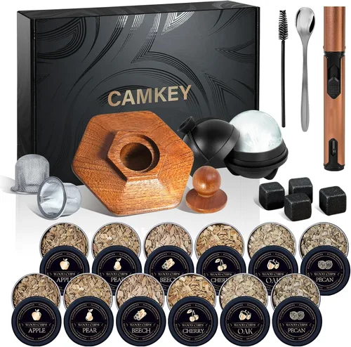 Kit de ahumador para whisky de 23 piezas con antorcha - 12 astillas de madera, molde para bolas de hielo, kit de infusor para ahumador de cócteles,