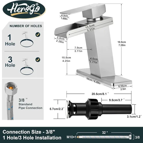 Miniatura 3 de Herogo Grifo de baño en cascada, grifos de baño de níquel cepillado para fregadero de 1 o 3 agujeros con drenaje desplegable, grifo mezclador