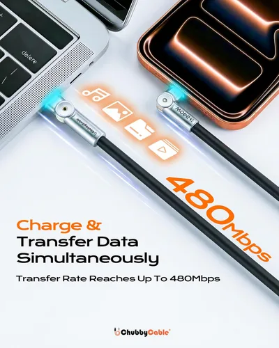 Miniatura 5 de chubbycable Chubby RotateX - Cable de carga rápida giratorio de 240 W, doble 180°, con luz LED, cable USB C de silicona suave, cable de carga extra