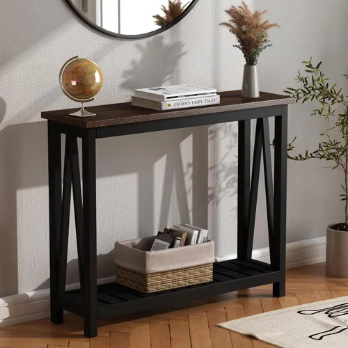 Miniatura 3 de ChooChoo Mesa de Consola para Entrada, Mesas de Sofá para Sala de Estar Estilo Granja, Mesa Estrecha para Pasillo y Vestíbulo con Estante, Negro