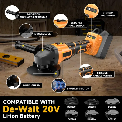 Miniatura 4 de Amoladora angular inalámbrica para batería Dewalt de 20 V, amoladora sin escobillas ajustable de 3 velocidades con hasta 8500 RPM, amoladora