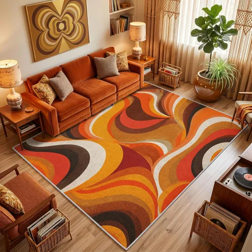 Alfombra retro de los años 70, lavable de 6 x 9 pies para sala de estar, alfombra de interior con patrón de vórtice abstracto, decoración retro de