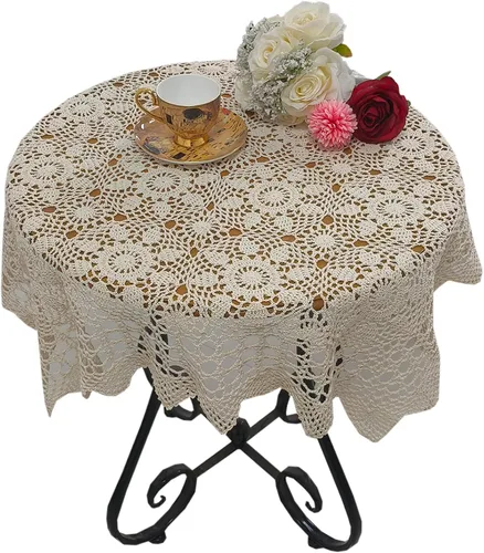 Miniatura 9 de USTIDE Mantel redondo de ganchillo de 70 pulgadas, superposiciones de mesa de encaje de algodón beige hecho a mano con diseño floral de ganchillo