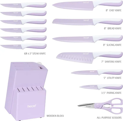 Miniatura 2 de hecef Juego de cuchillos de cocina de 15 piezas con bloque de madera afilado integrado, apto para lavavajillas, juego de bloques de cuchillos
