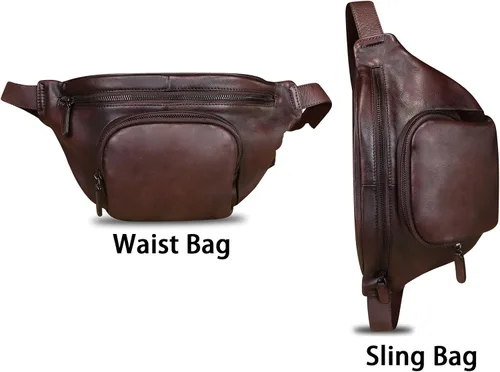 Miniatura 2 de Riñonera de cuero genuino para mujeres y hombres, bolso cruzado de cuero real vintage, bolso cruzado de moda para la cintura, Café, Riñonera