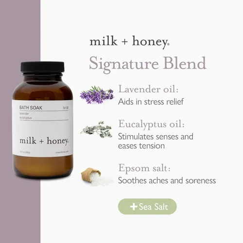 Miniatura 4 de Milk + Honey Remoje calmante de baño n.º 8 – Sal de Epsom hidratante con lavanda y eucalipto – Remoje relajante de aromaterapia para dolores