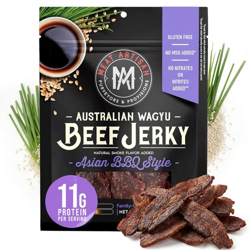 Meat Artisan - Cecina de res estilo Wagyu australiano de Asia con BBQ - Snack alto en proteínas - Sin gluten, sin GMS - Gourmet natural premium 3oz
