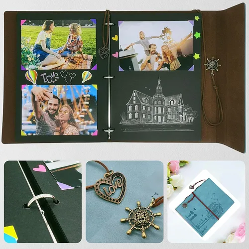 Miniatura 4 de SEEHAN Álbum de fotos de cuero de 8.5 x 11 pulgadas, diario de viaje, libro de recortes, libro de fotos de recuerdos de amor para parejas, álbum