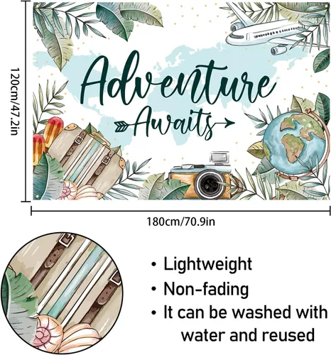 Miniatura 2 de Decoración de telón de fondo blanco con texto en inglés "Adventure Awaits", decoración de fiesta temática de viaje para baby shower, 3.9 x 5.9 pies