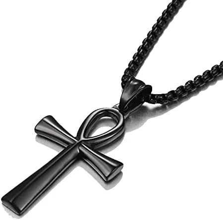 Collar con colgante de cruz de Ankh copta egipcia antigua de acero inoxidable para niños, mujeres y hombres, en cadena Rolo de 24 pulgadas,