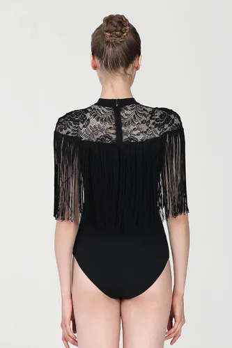 Miniatura 2 de Maillot de rendimiento con flecos para mujer, Sofia - Leotardo negro con flecos y canesú de encaje elástico