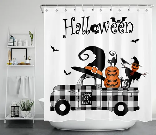 Miniatura 21 de LB Cortina de ducha de Halloween, cementerio de terror, fantasma, gatos negros en árbol, calabaza, cortinas de ducha para baño con ganchos, 60 x 72