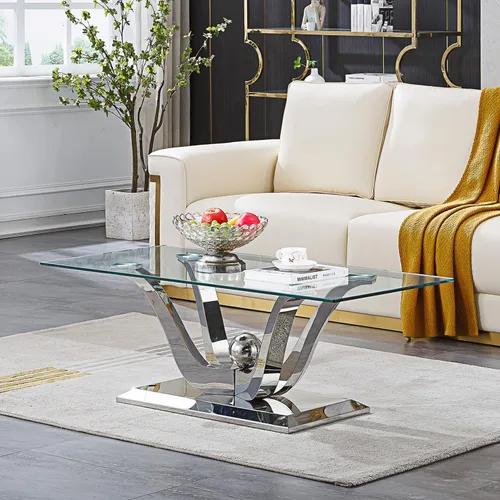 Miniatura 49 de SSLine Mesa auxiliar de cristal de lujo para sala de estar, mesa auxiliar moderna dorada con base de pedestal de acero inoxidable en forma de flor