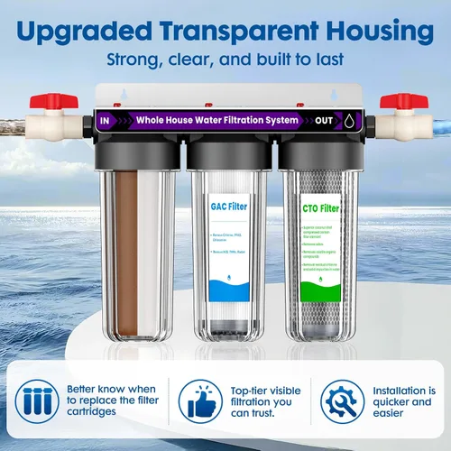 Miniatura 10 de Sistema de filtro de agua para toda la casa, sistema de filtración de agua para el hogar de 3 etapas que reduce altamente el olor a cloro, el sabor