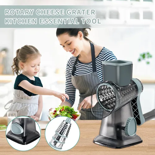 Miniatura 7 de Rallador de queso con asa, rallador de queso giratorio manual multifuncional - rallador de queso corta fácilmente zanahorias, papas, verduras y Gris