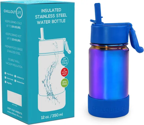Miniatura 2 de CHILLOUT LIFE Botella de agua aislada para niños de 12 onzas para la escuela con tapa con pajilla, a prueba de fugas y bonitas calcomanías Azul