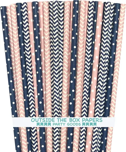 Outside the Box Papers Pajitas de papel de Chevron y lunares rosa y azul marino, 7.75 pulgadas, paquete de 100 unidades, rosa, azul marino, blanco