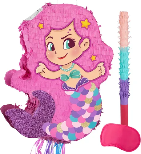Miniatura 83 de WERNNSAI - Piñata de sirena plegable, piñata de cumpleaños con flecos que incluye cuerda para jalar, venda y bate. Decoraciones