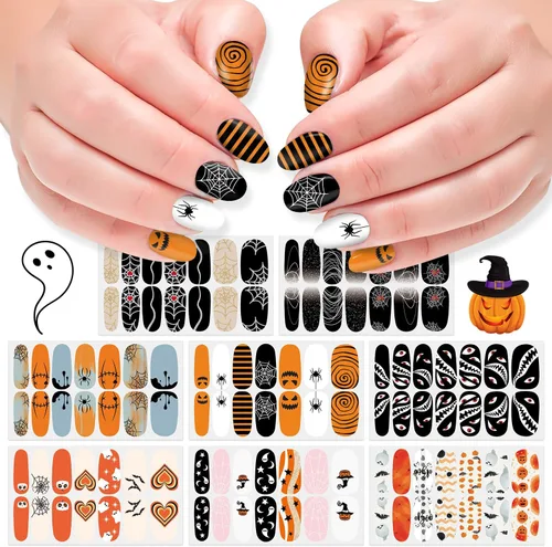 8 hojas de calcomanías de esmalte de uñas de Halloween, calcomanías de esmalte de uñas para festivales, tiras de esmalte de uñas para mujeres,