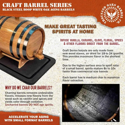 Miniatura 3 de Barril de envejecimiento de 1 galón de roble (5 litros) con soporte, tapón y canilla - Mini barril de madera para whisky - Barriles de roble