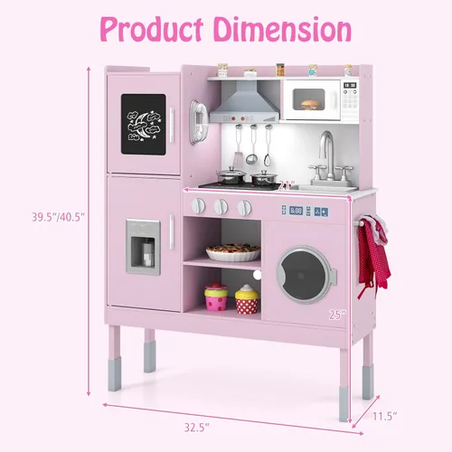 Miniatura 9 de HONEY JOY Juego de cocina para niños, cocina de madera para niños pequeños, microondas, utensilios de cocina, lavadora, campana extractora, juego