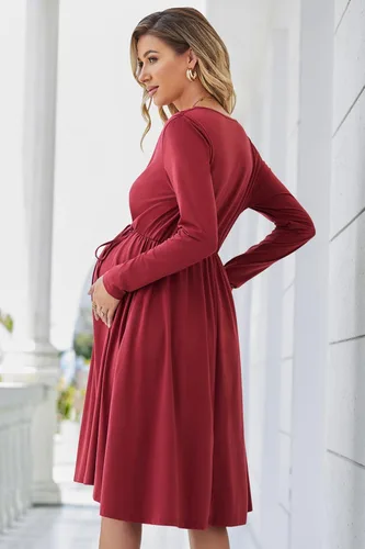 Miniatura 5 de OUGES Vestido de maternidad para mujer 2023, manga larga, cuello en V, vestidos de embarazo con bolsillos