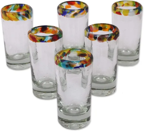 Miniatura 10 de NOVICA Artisan - Vasos de chupito de vidrio reciclado, soplados a mano, con borde azul transparente, 2 onzas, 'Tequila Blues' (juego de 6)