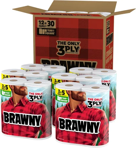 Miniatura 2 de Brawny Tear-A-Square Toallas de papel de 3 capas, 12 rollos familiares XL = 30 rollos regulares, fuertes, absorbentes y duraderas con 3 tamaños