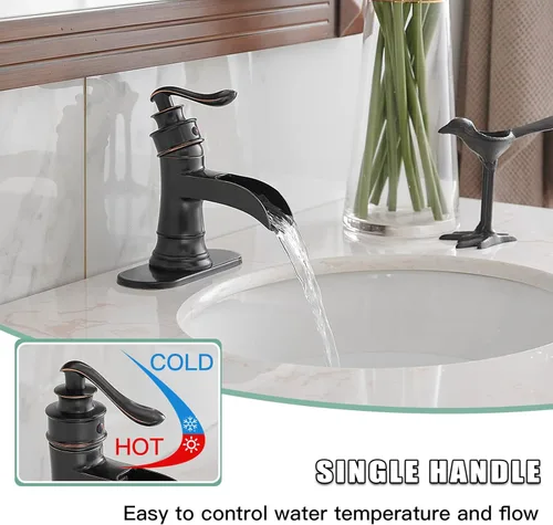 Miniatura 2 de BWE Grifo de baño en cascada de bronce frotado con aceite, llave de una manija, un agujero, grifo de lavabo, estilo granja, para tocador de baño