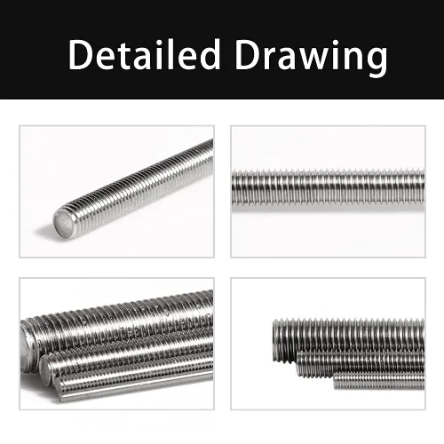 Miniatura 5 de Feelers Varilla roscada de acero inoxidable 304 M8-1.25, tornillo roscado largo, rosca derecha, 9.843 in de longitud【Paquete de 2】