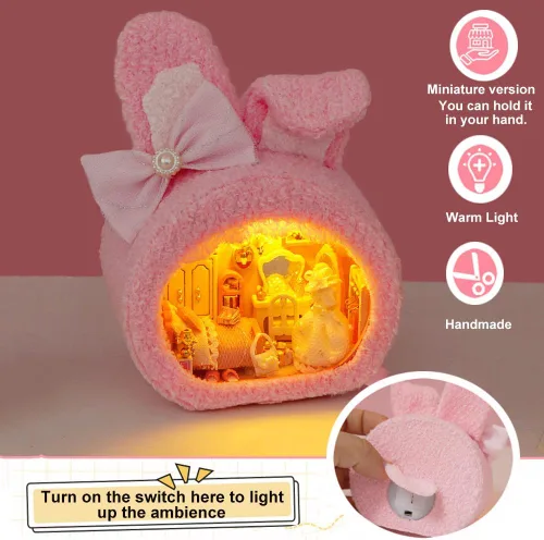 Miniatura 5 de TOPBSFARNY Kit de casa en miniatura, 2 piezas de animales lindos en miniatura, casa de madera para muñecas de bricolaje, modelo en miniatura con luz