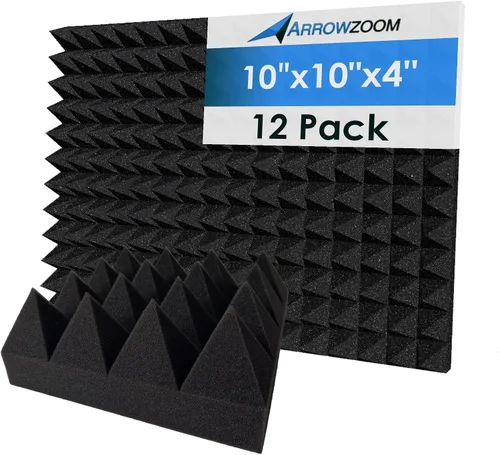 Arrowzoom 12 paneles de espuma acústica, 10 x 10 x 4 pulgadas, panel piramidal negro de alta densidad, con cancelación de ruido, tratamiento