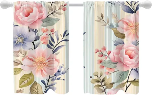 Miniatura 33 de Shrahala Beige and Orange Abstract Art Brushstrokes Blackout Curtain Tiers, Abstract Oil Paint Kitchen Valance Light Blocking Tier Drapes with Rod