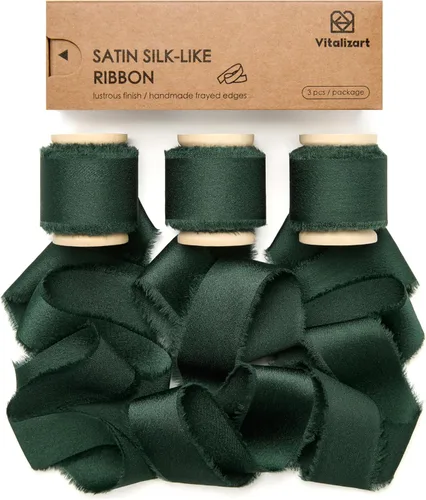 Vitalizart Cinta de satén de seda de 1 pulgada x 15 yardas, carrete de madera verde oscuro, cinta deshilachada hecha a mano para envolver regalos,
