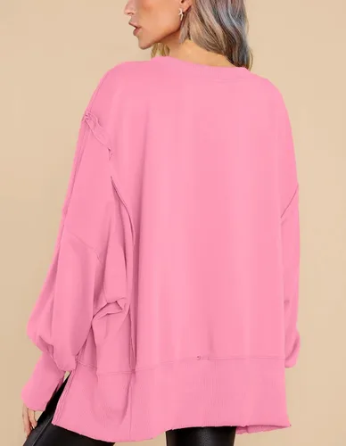 Miniatura 4 de BWQ Sudadera de gran tamaño para mujer, cuello redondo, manga larga, sin botones