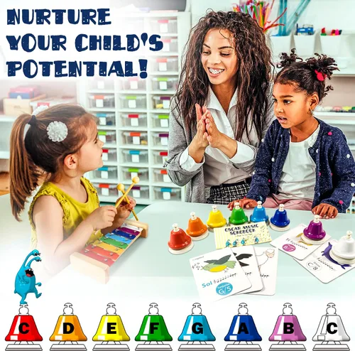 Miniatura 6 de MINIARTIS Campanas de escritorio para niños Juguetes educativos de música para niños pequeños Juego de campanas de mano coloridas de 8 notas