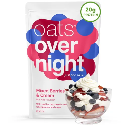 Oats Overnight Mezcla de bayas y crema, avena durante la noche con 0.71 onzas de proteína, batido de proteína de desayuno alto en fibra, avena sin